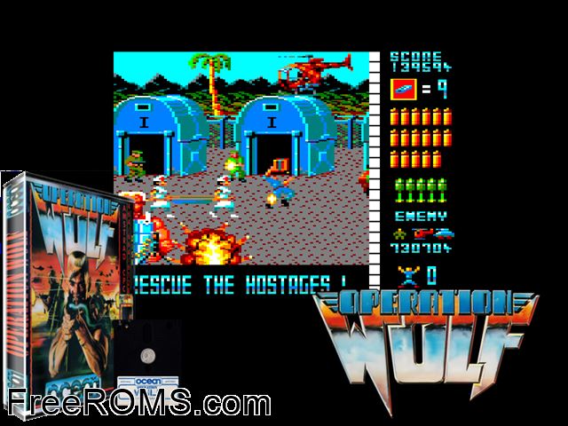 Operation Wolf (UK) (1988) [h1] Amstrad CPC game showing 3D box cover and gameplay screenshot